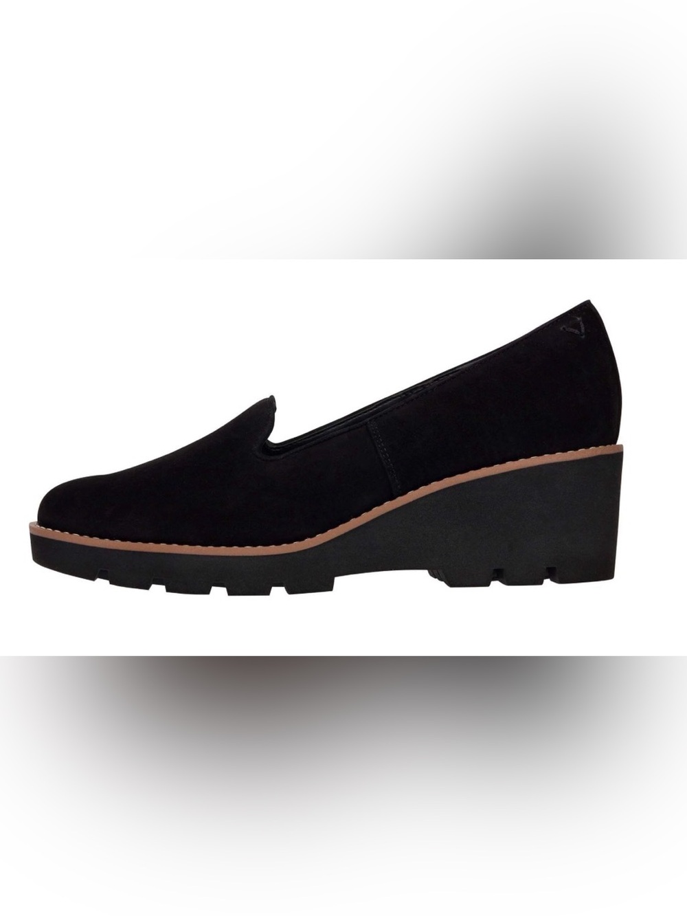 Vionic Willa Black Suede Lug Wedge Loafers Slip On Shoe Women’s 6.5 NWOB Comfort